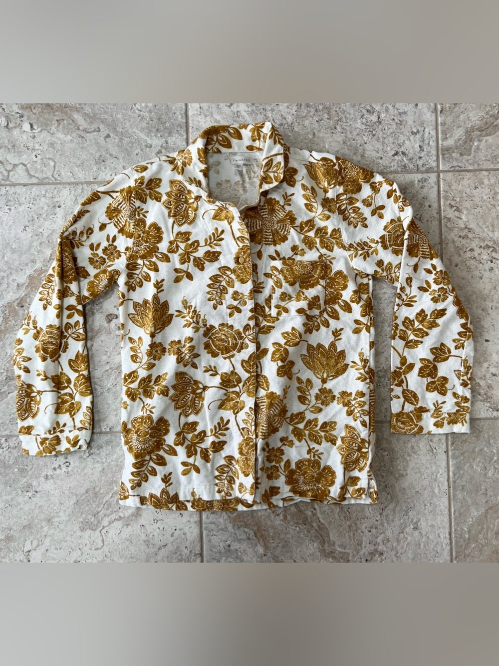 Garnet Hill Organic-Cotton Heritage Flannel 2-Pc Long Pajama Set, Gold/White, XS - Picture 13 of 14
